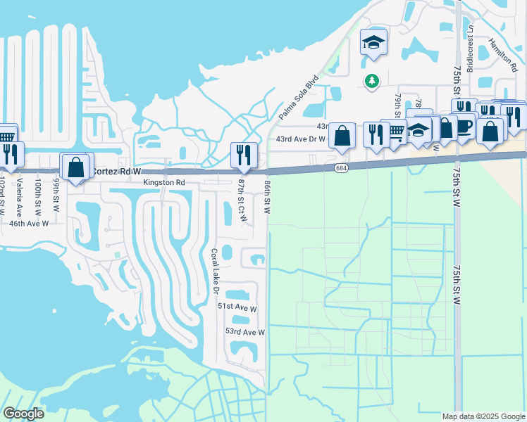 map of restaurants, bars, coffee shops, grocery stores, and more near 4520 86th Street West in Bradenton