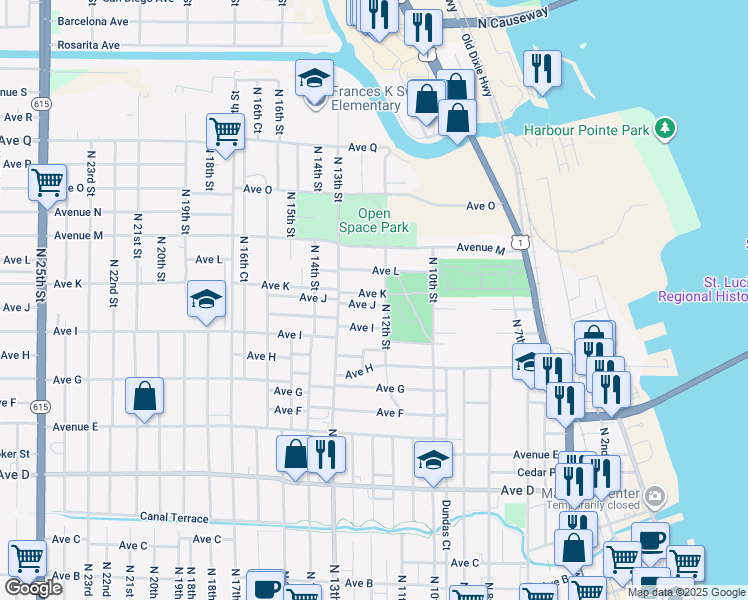 map of restaurants, bars, coffee shops, grocery stores, and more near 1205 Avenue J in Fort Pierce