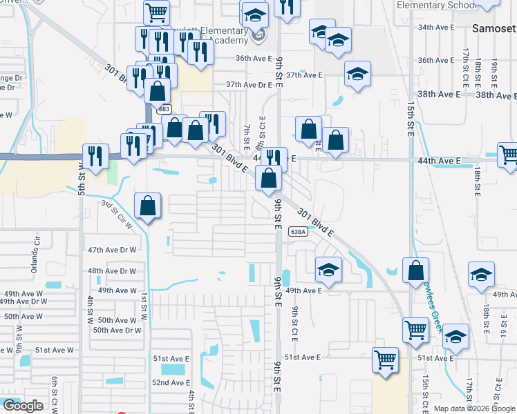 map of restaurants, bars, coffee shops, grocery stores, and more near 38 Twin Oaks Boulevard in Bradenton