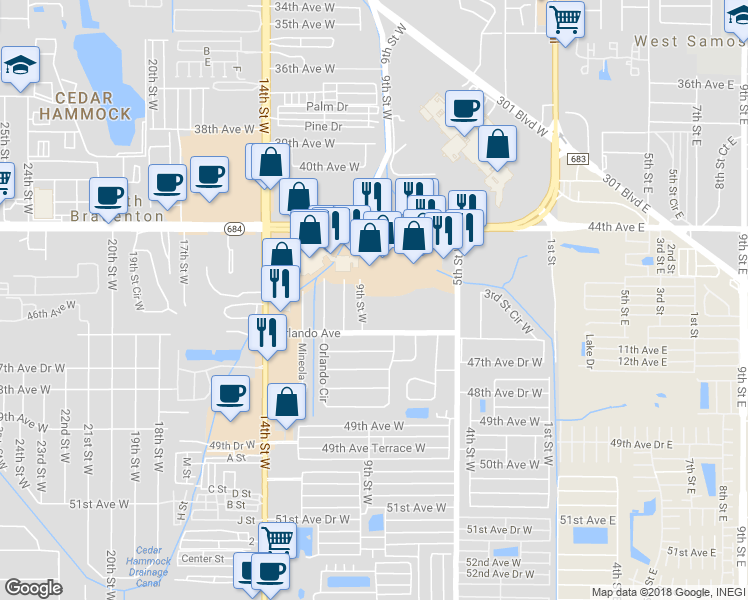 map of restaurants, bars, coffee shops, grocery stores, and more near 4507 9th Street West in Bradenton
