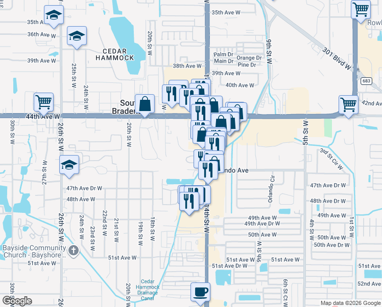 map of restaurants, bars, coffee shops, grocery stores, and more near 1477 45th Avenue Circle West in Bradenton