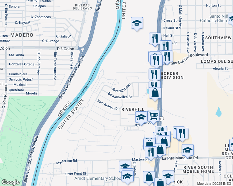 map of restaurants, bars, coffee shops, grocery stores, and more near 633 Bougainvillea Street in Laredo