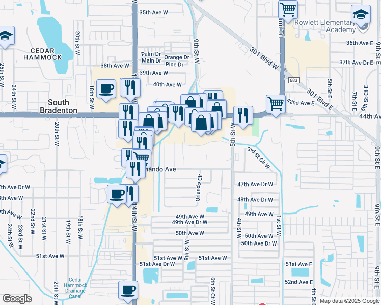 map of restaurants, bars, coffee shops, grocery stores, and more near 4507 9th Street West in Bradenton