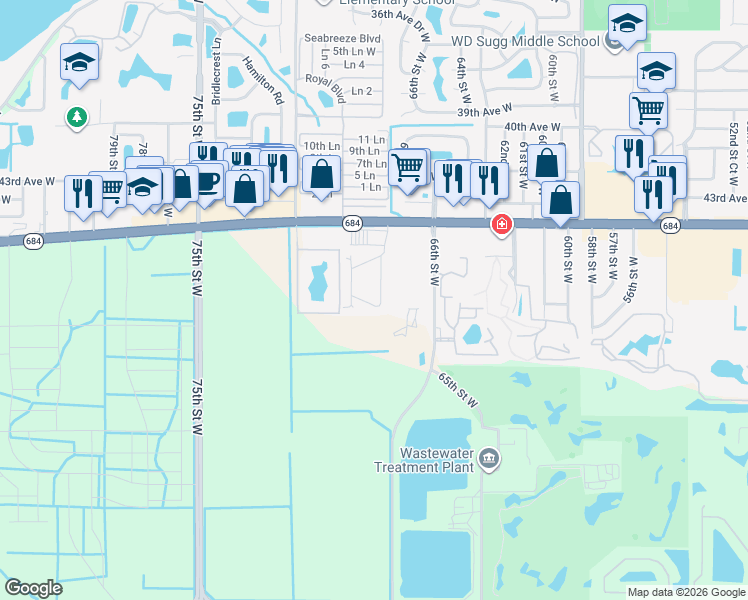 map of restaurants, bars, coffee shops, grocery stores, and more near 4531 67th Street West in Bradenton