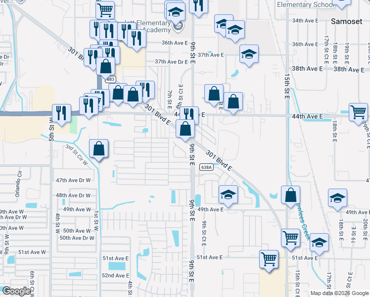 map of restaurants, bars, coffee shops, grocery stores, and more near 38 Twin Oaks Boulevard in Bradenton