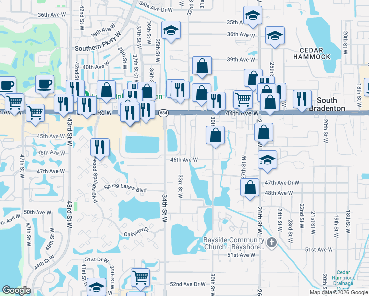 map of restaurants, bars, coffee shops, grocery stores, and more near 4547 Calm Harbor Street in Bradenton