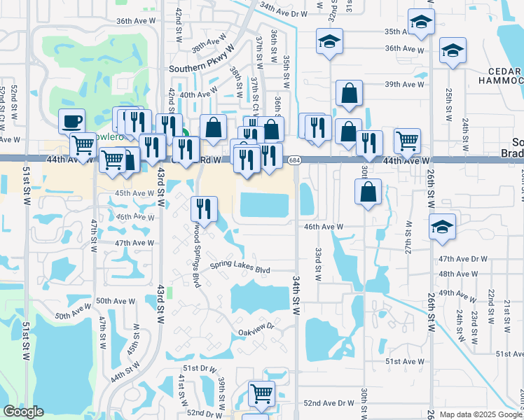 map of restaurants, bars, coffee shops, grocery stores, and more near 3707 45th Terrace West in Bradenton