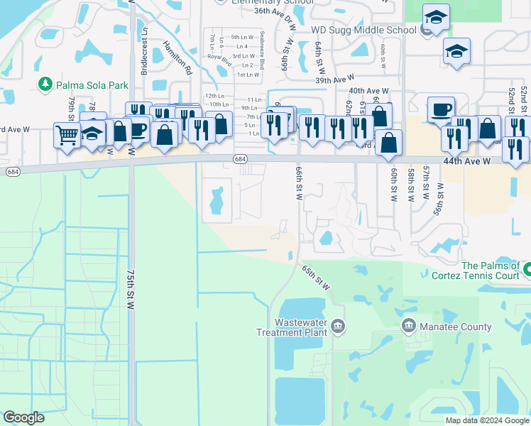 map of restaurants, bars, coffee shops, grocery stores, and more near 4531 67th Street West in Bradenton