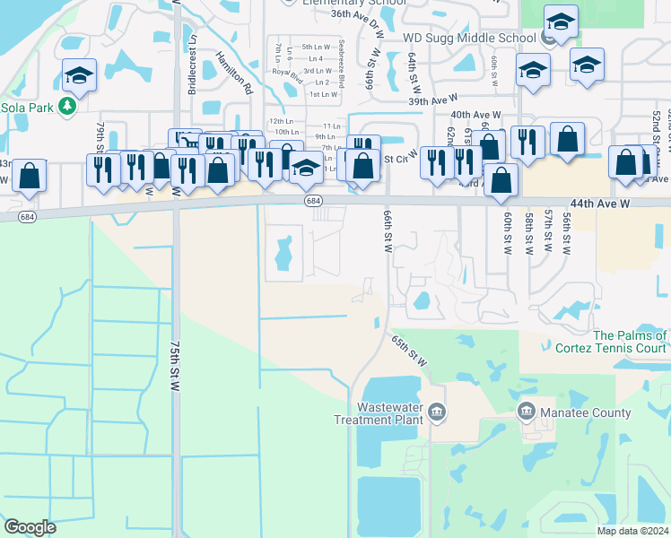 map of restaurants, bars, coffee shops, grocery stores, and more near 4531 67th Street West in Bradenton