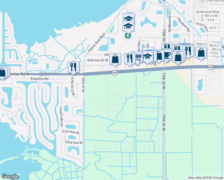 map of restaurants, bars, coffee shops, grocery stores, and more near 80th Street West in Bradenton