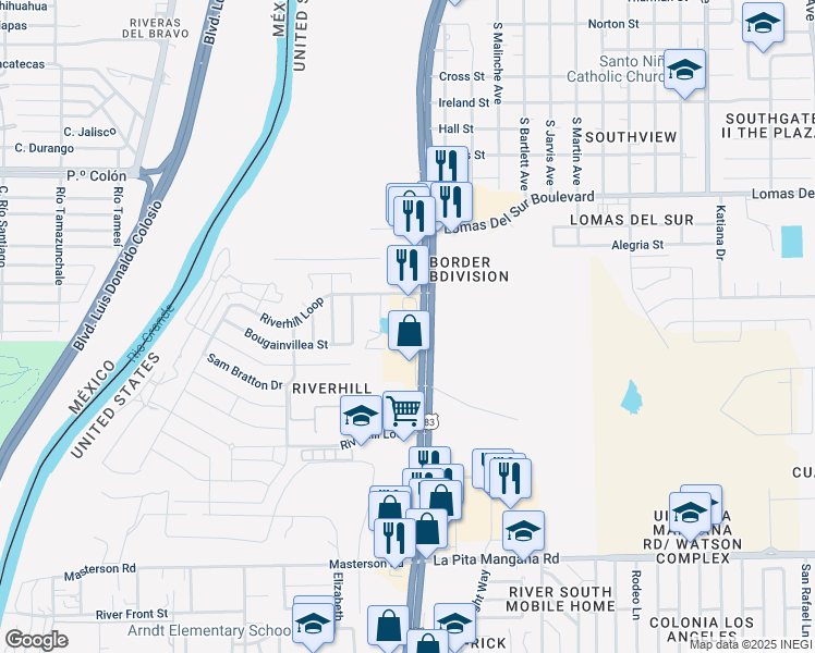 map of restaurants, bars, coffee shops, grocery stores, and more near 807 Riverhill Drive in Laredo
