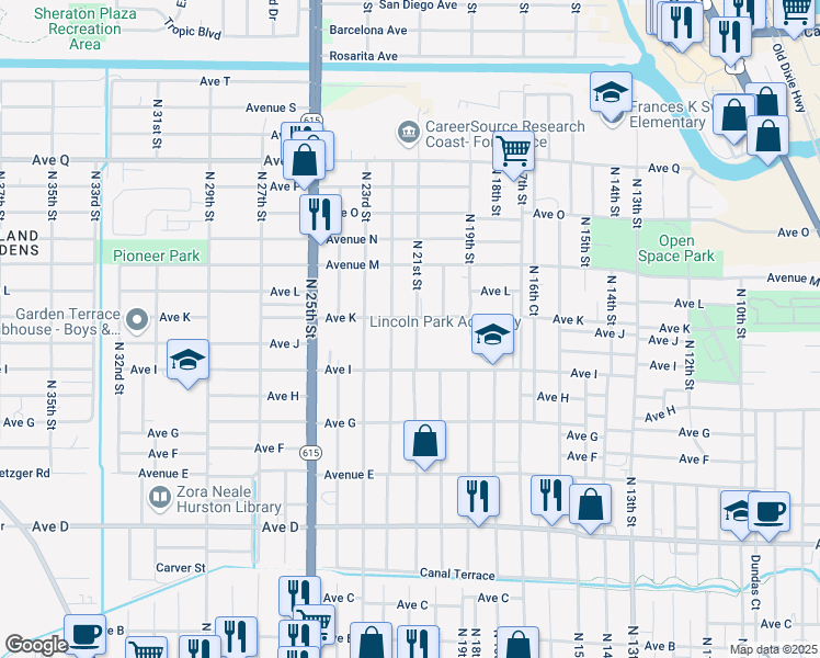 map of restaurants, bars, coffee shops, grocery stores, and more near 1107 North 21st Street in Fort Pierce