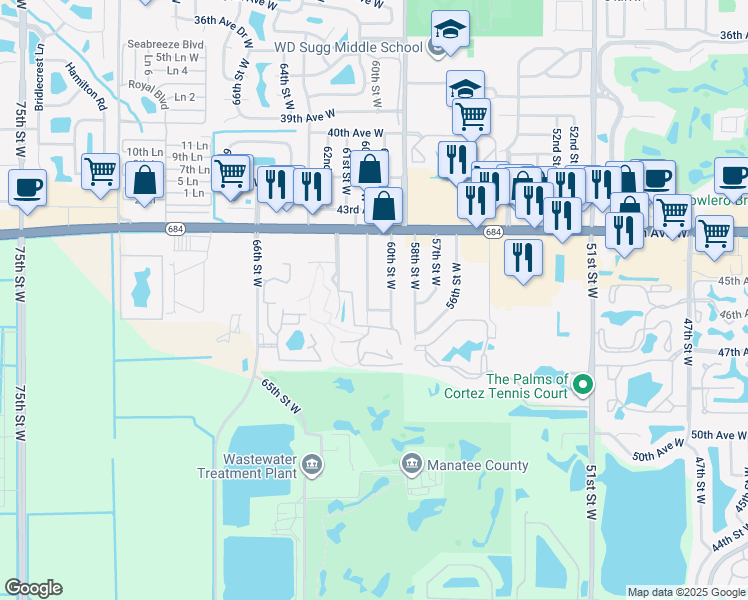 map of restaurants, bars, coffee shops, grocery stores, and more near 4507 60th Street Court West in Bradenton