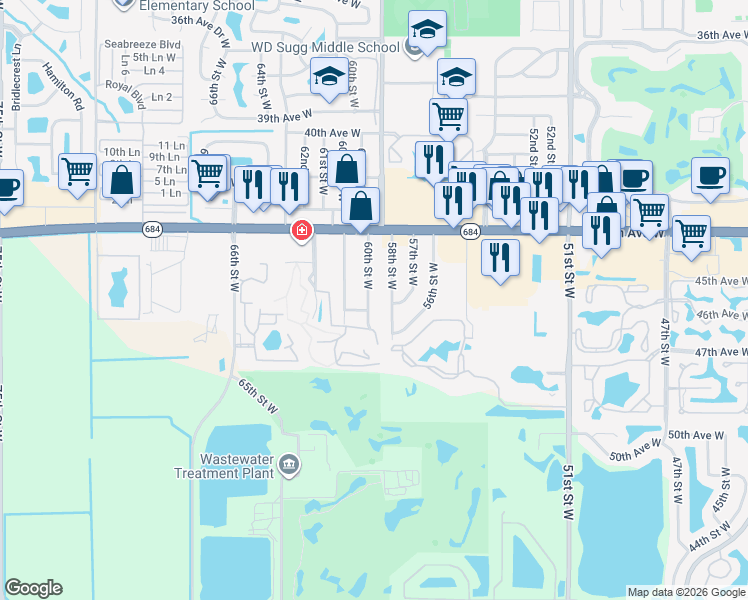 map of restaurants, bars, coffee shops, grocery stores, and more near 4507 60th Street Court West in Bradenton