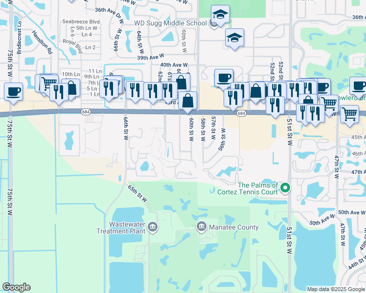 map of restaurants, bars, coffee shops, grocery stores, and more near 4507 60th Street Court West in Bradenton