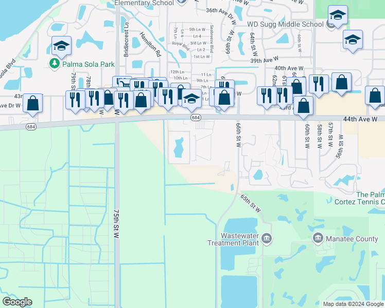 map of restaurants, bars, coffee shops, grocery stores, and more near 4512 68th Street West in Bradenton
