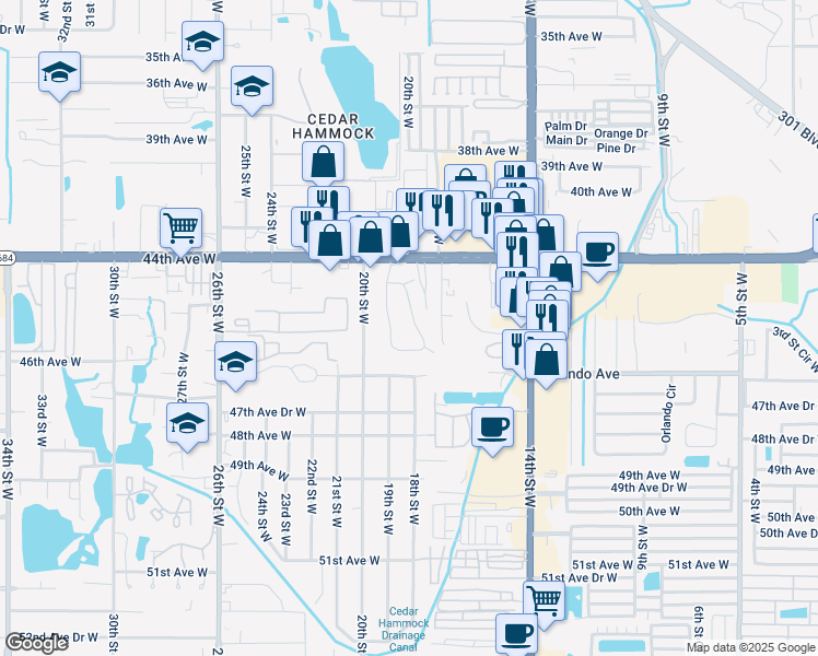 map of restaurants, bars, coffee shops, grocery stores, and more near 4526 19th Street Circle West in Bradenton