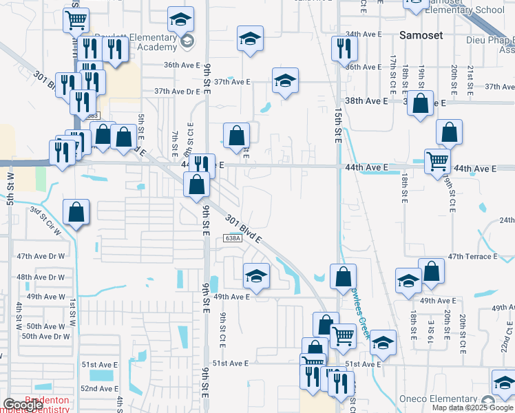 map of restaurants, bars, coffee shops, grocery stores, and more near 1055 301 Boulevard East in Bradenton