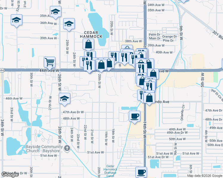map of restaurants, bars, coffee shops, grocery stores, and more near 4526 19th Street Circle West in Bradenton