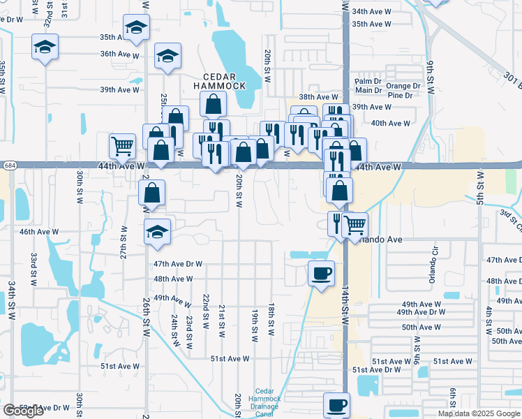 map of restaurants, bars, coffee shops, grocery stores, and more near 4413a 19th Street Circle West in Bradenton