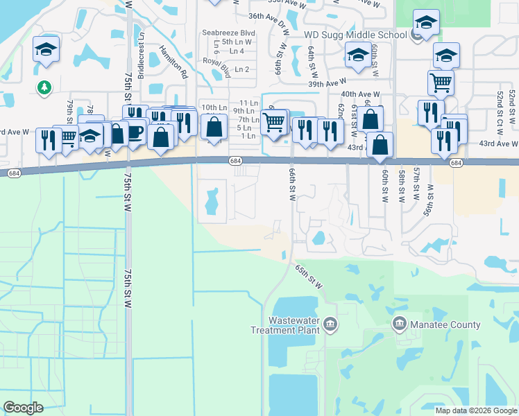 map of restaurants, bars, coffee shops, grocery stores, and more near 4511 67th Street West in Bradenton