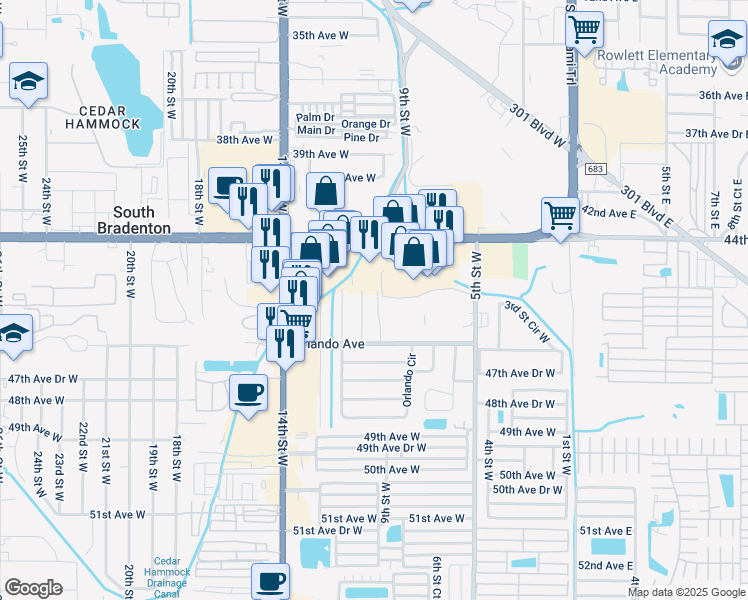 map of restaurants, bars, coffee shops, grocery stores, and more near 4503 Groveland Street in Bradenton