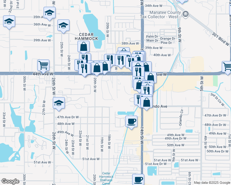 map of restaurants, bars, coffee shops, grocery stores, and more near 4526 19th Street Circle West in Bradenton