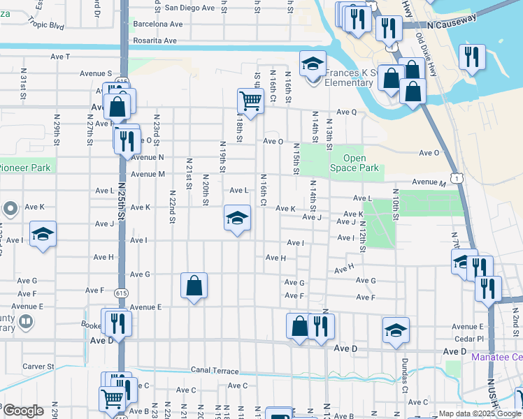 map of restaurants, bars, coffee shops, grocery stores, and more near 1204 North 17th Street in Fort Pierce