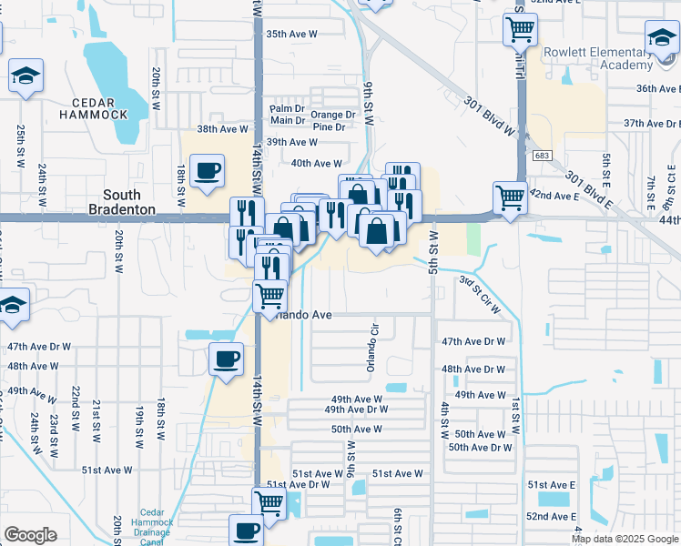 map of restaurants, bars, coffee shops, grocery stores, and more near 4503 Groveland Street in Bradenton