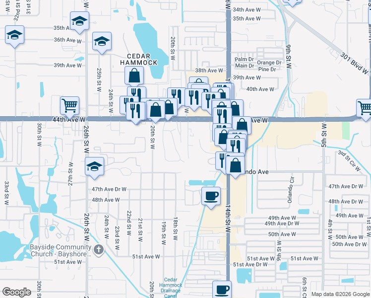 map of restaurants, bars, coffee shops, grocery stores, and more near 4526 19th Street Circle West in Bradenton