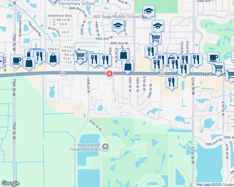map of restaurants, bars, coffee shops, grocery stores, and more near 6082 Red Maple in Bradenton