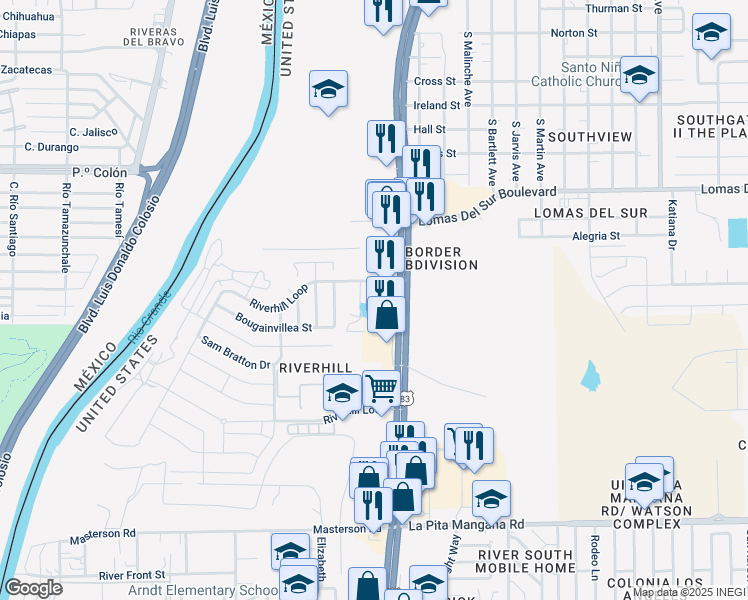 map of restaurants, bars, coffee shops, grocery stores, and more near 807 Riverhill Drive in Laredo