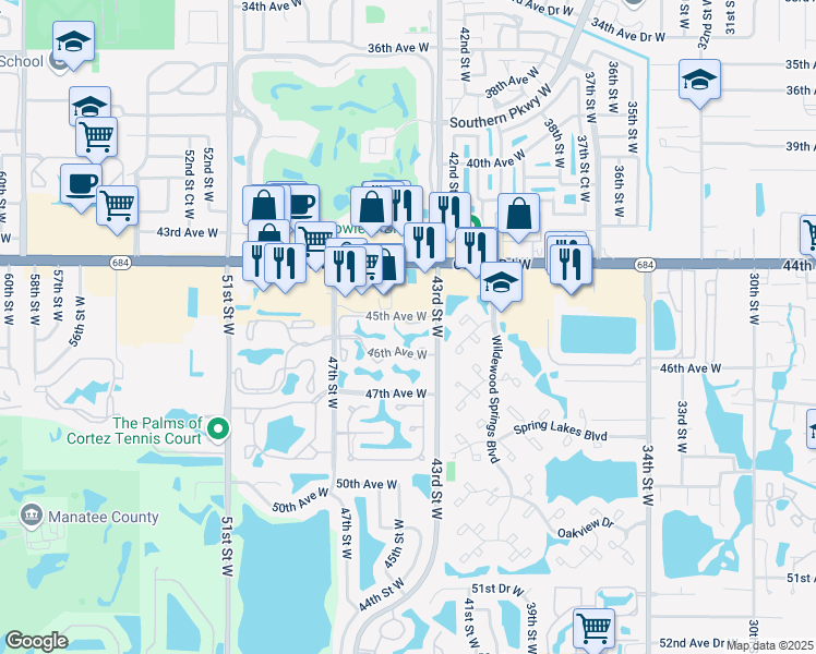 map of restaurants, bars, coffee shops, grocery stores, and more near 4405 45th Avenue West in Bradenton