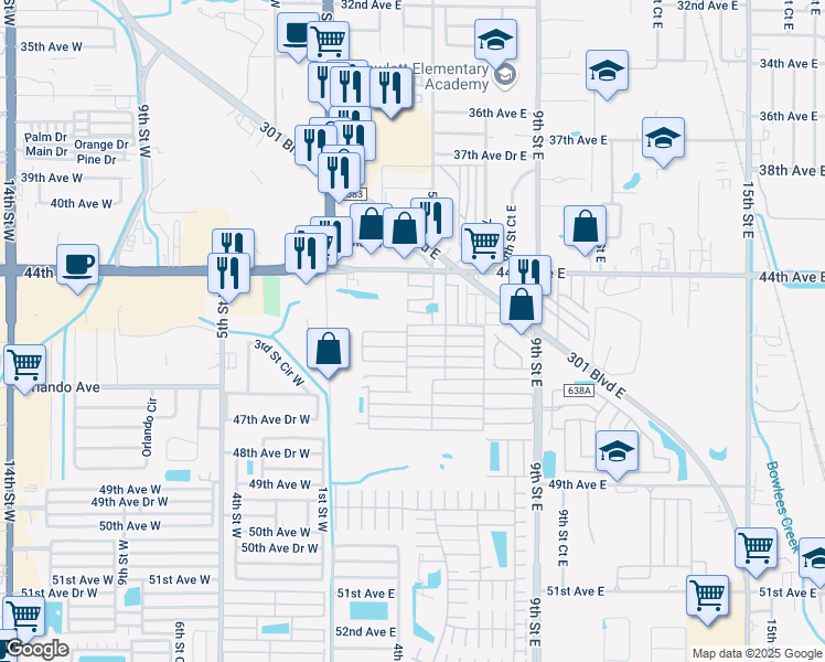 map of restaurants, bars, coffee shops, grocery stores, and more near 39 5th Avenue East in Bradenton