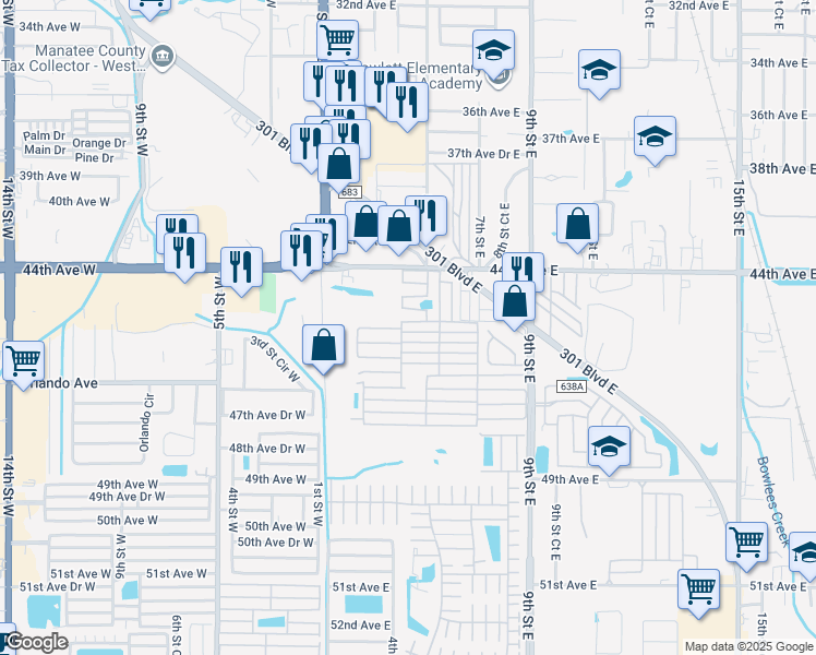 map of restaurants, bars, coffee shops, grocery stores, and more near 39 5th Avenue East in Bradenton