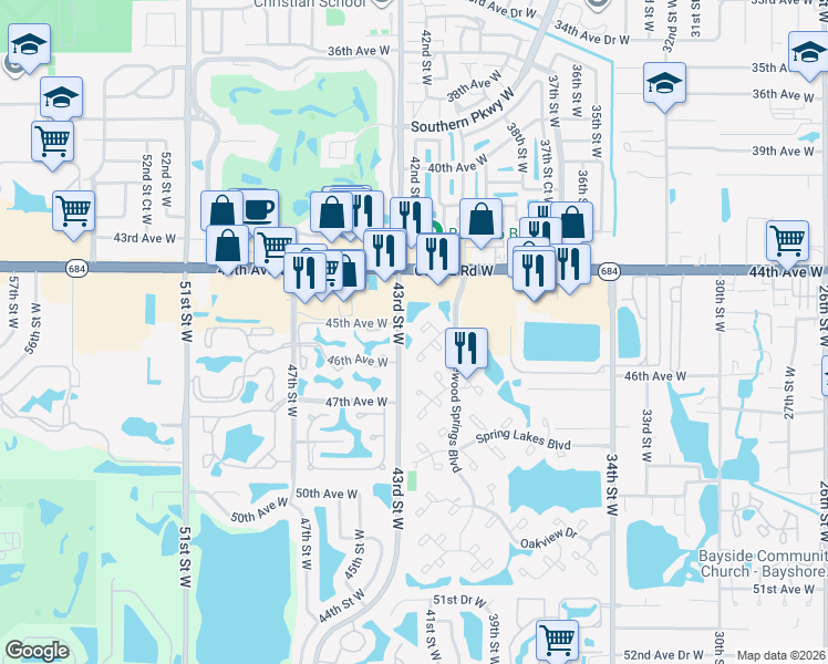 map of restaurants, bars, coffee shops, grocery stores, and more near 120 Pinehurst Drive in Bradenton