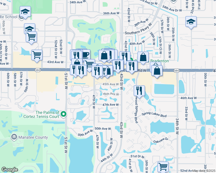 map of restaurants, bars, coffee shops, grocery stores, and more near 4457 45th Avenue West in Bradenton