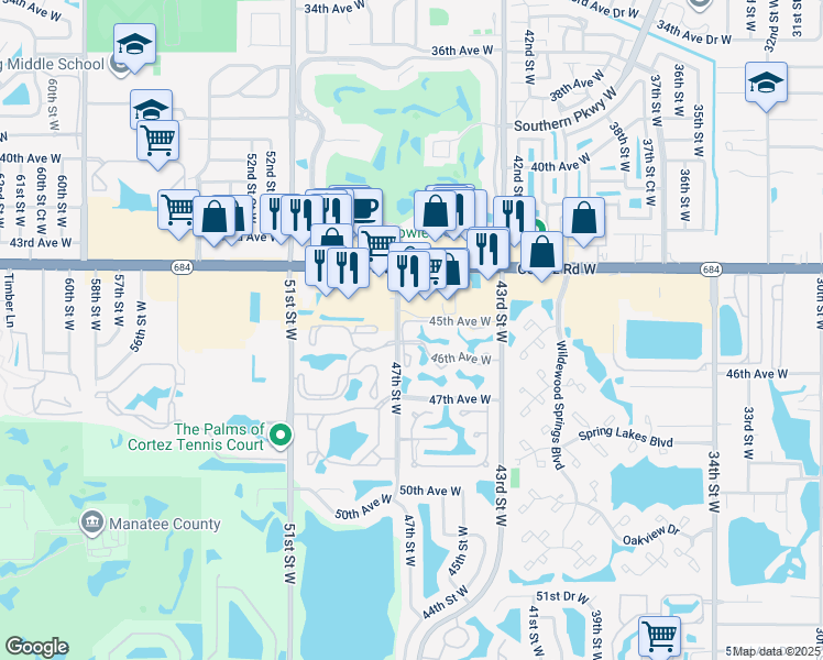 map of restaurants, bars, coffee shops, grocery stores, and more near 4515 46th Street Court West in Bradenton