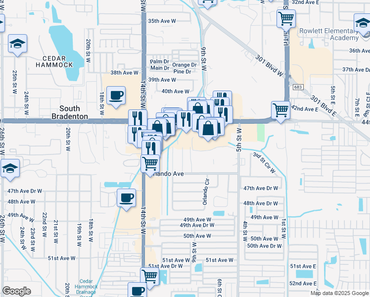 map of restaurants, bars, coffee shops, grocery stores, and more near 4503 Groveland St in Bradenton