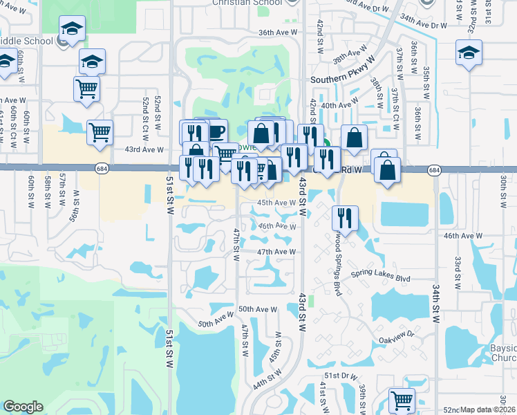 map of restaurants, bars, coffee shops, grocery stores, and more near 4457 45th Avenue West in Bradenton