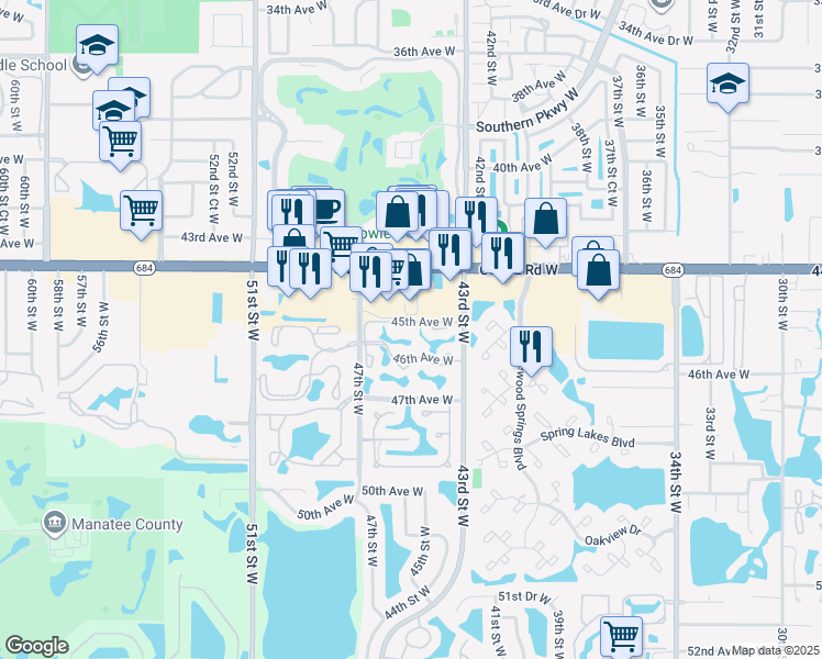 map of restaurants, bars, coffee shops, grocery stores, and more near 4457 45th Avenue West in Bradenton
