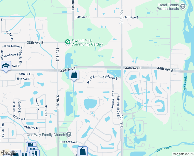 map of restaurants, bars, coffee shops, grocery stores, and more near 4223 Fairfax Drive East in Bradenton