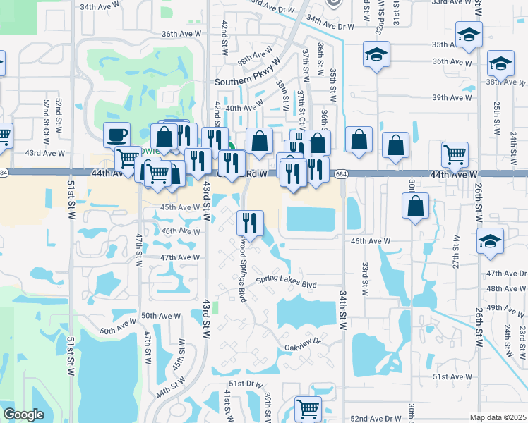 map of restaurants, bars, coffee shops, grocery stores, and more near 3647 Cortez Road West in Bradenton