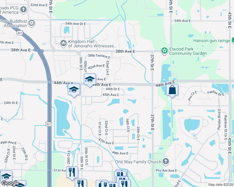 map of restaurants, bars, coffee shops, grocery stores, and more near 3233 45th Avenue East in Bradenton