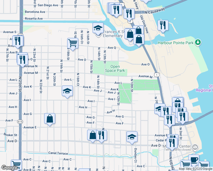 map of restaurants, bars, coffee shops, grocery stores, and more near 1214 North 13th Street in Fort Pierce