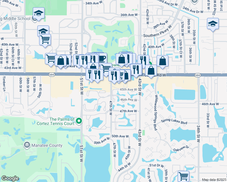 map of restaurants, bars, coffee shops, grocery stores, and more near 4515 46th Street Court West in Bradenton
