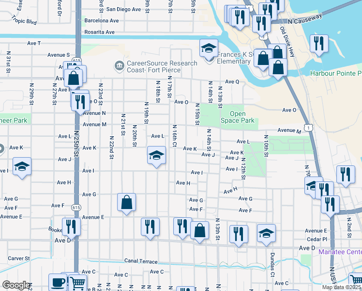 map of restaurants, bars, coffee shops, grocery stores, and more near 1202 North 16th Street in Fort Pierce