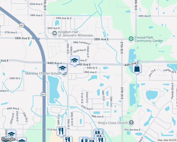 map of restaurants, bars, coffee shops, grocery stores, and more near 3211 45th Avenue East in Bradenton