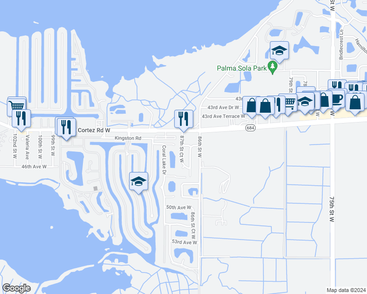 map of restaurants, bars, coffee shops, grocery stores, and more near 8712 44th Avenue Drive West in Bradenton