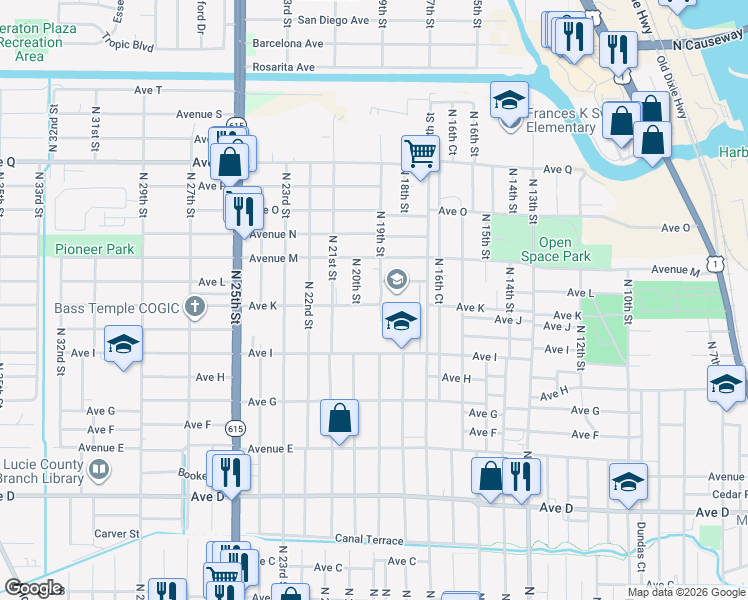 map of restaurants, bars, coffee shops, grocery stores, and more near 1904 Avenue K in Fort Pierce